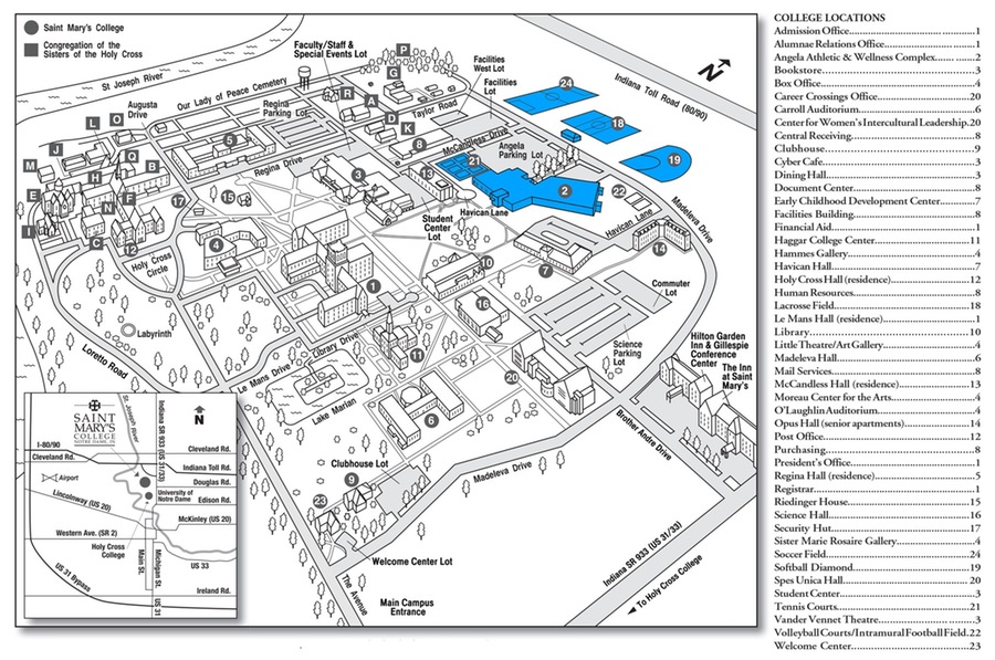 Complex image of aerial Saint Mary's College map with key of locations and building numbers on the right.
