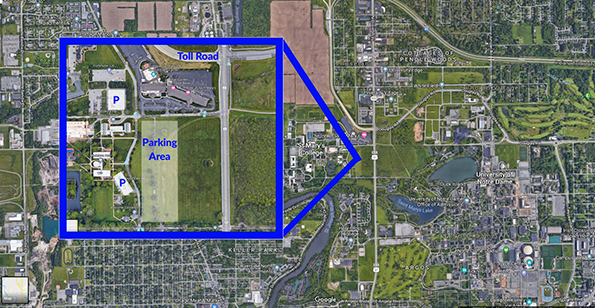 Aerial map image of Saint Mary's/Notre Dame area with a zoomed-in view of the east side of the Saint Mary's campus outlined in blue to highlight where football parking is located. 