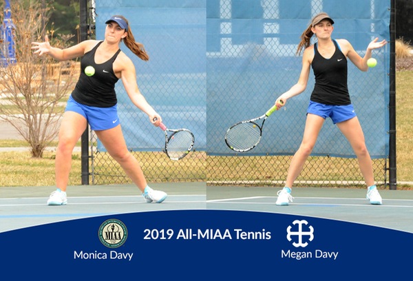 Top part of image is split with left side featuring action shot of Monica Davy and right side featuring action shot of Megan Davy. Lower section includes text reading 2019 All-MIAA Tennis and both athletes' names.